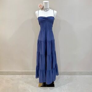 Rebecca Taylor 100% Silk Blue Smocked Maxi Dress Tiered Boho Cottagecore Sz M/8